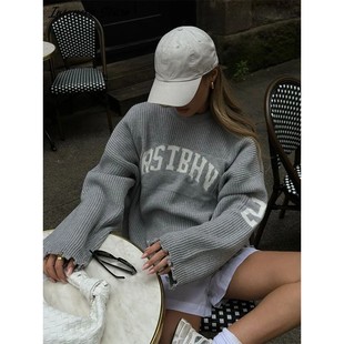 ?Fashion Letter Jacquard Knit Pullover Women Oversize Long S