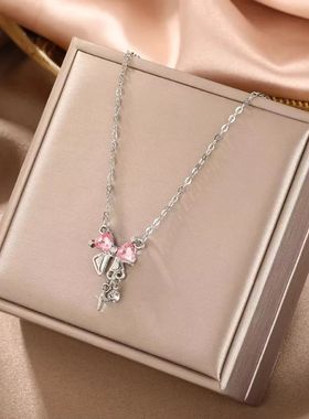 Sweet Pink Bow Necklace Ladies Fashion Sparkling Rhinestone