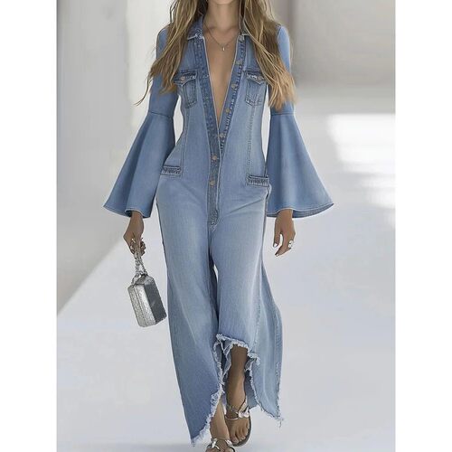 2025 Loose Solid Color Denim Style Jumpsuits Women Single-Br