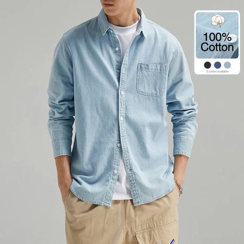 2024 New Men's 100% Cotton Denim Shirt Fashion Black Light B