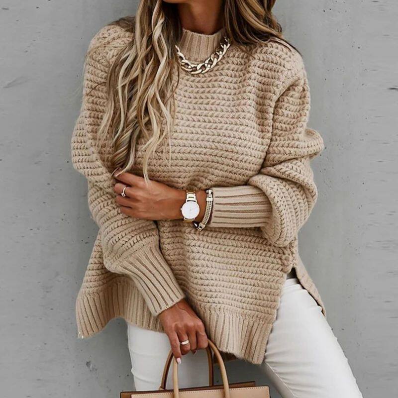 2024 New Loose Split Knitted Long Sleeve Thick Sweater Half