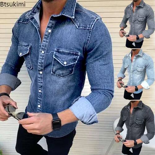 New Spring Autumn Men's Jeans Shirt Long Sleeve Denim Shirts