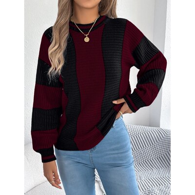 Women's Winter Striped Contrast Color Casual Pullover Sweate