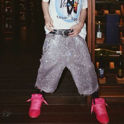 Streetwear Full Rhinestone Print Baggy Jeans Shorts for Men