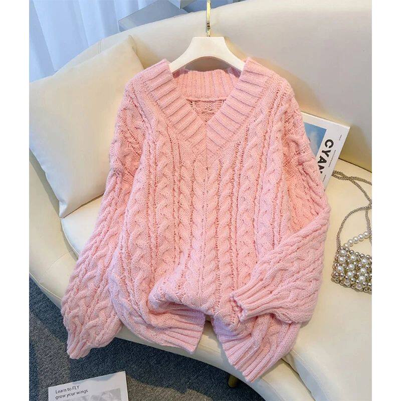 MEXZT Harajuku Sweater Women Fashion Oversized Pink V Neck K