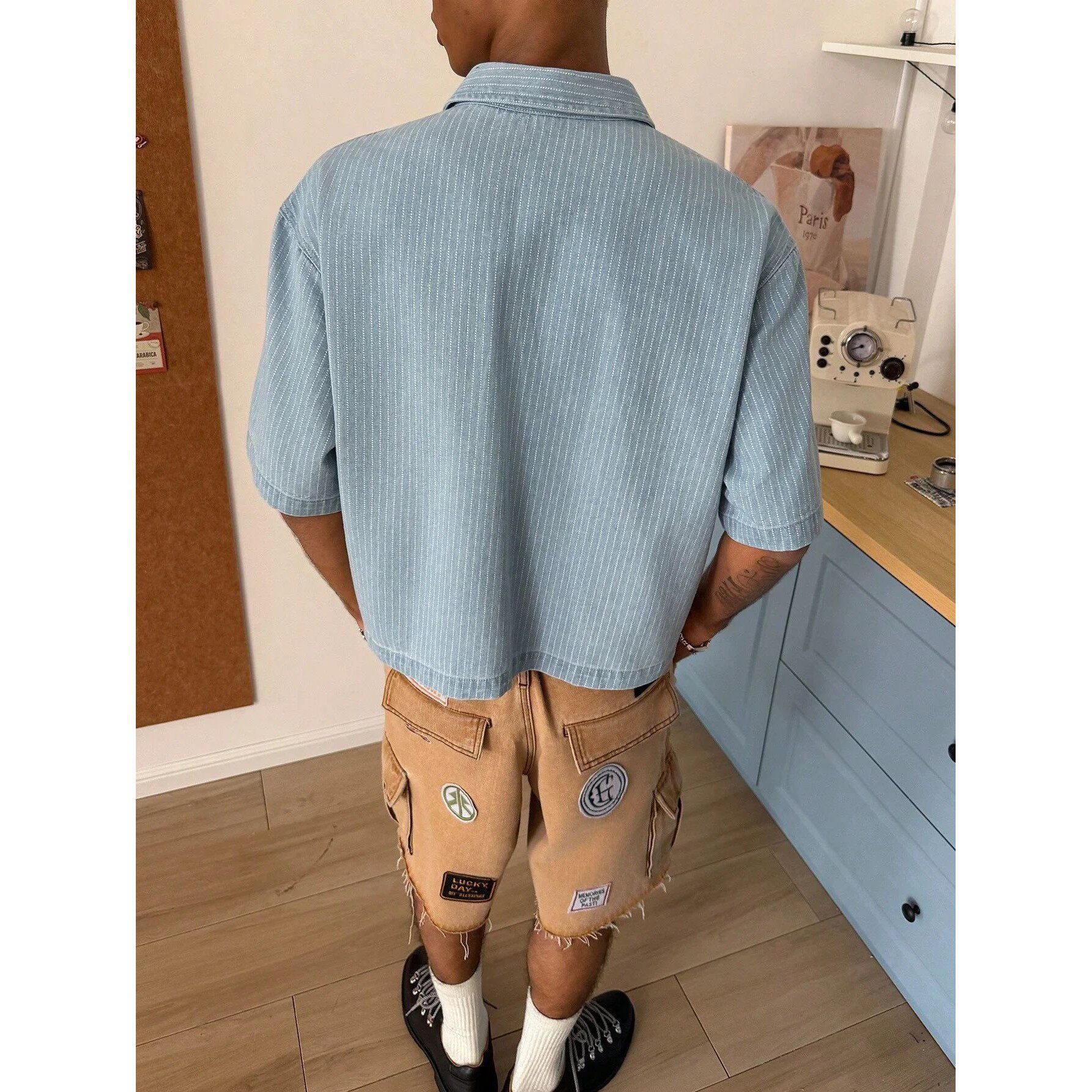 Mens Casual Striped Embroidered Blue Denim Short Sleeve Shir