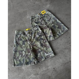 Retro Leaves Camouflage Denim Shorts Y2K Jeans Men Hip Hop L