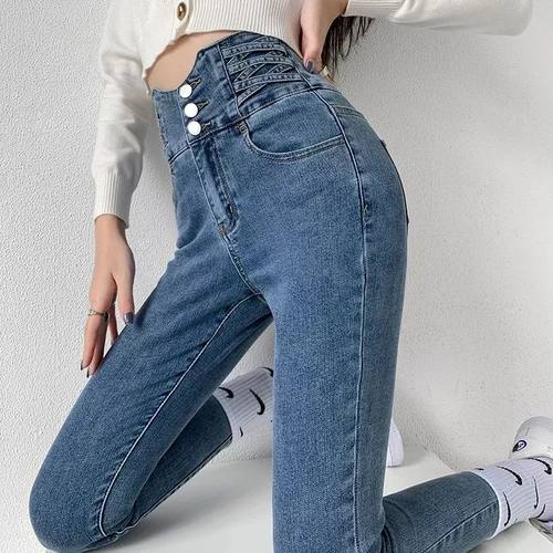 Skinny Pencil Y2K Jeans Four Buttons Vintage High Waist Wome