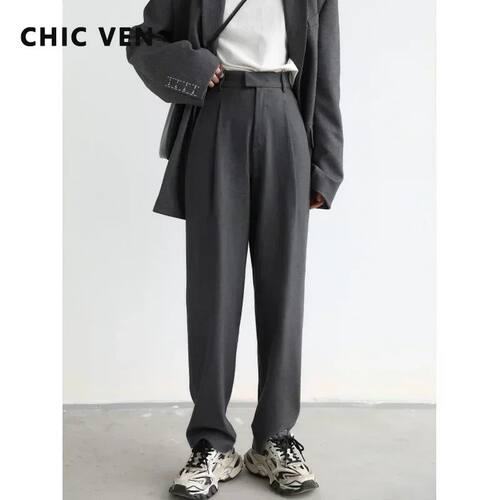 CHIC VEN Simple Casual Women Twill Suit Pants Wide Leg Pants