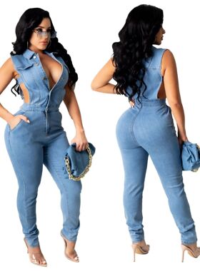 Hollow Denim Ankle Length Pants Women Overalls Spliced Washe