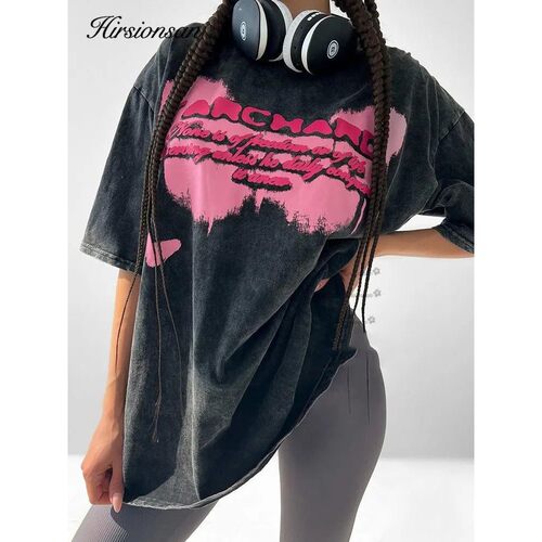Hirsionsan Y2k Quality Oversized Acid Washed T Shirt Women V