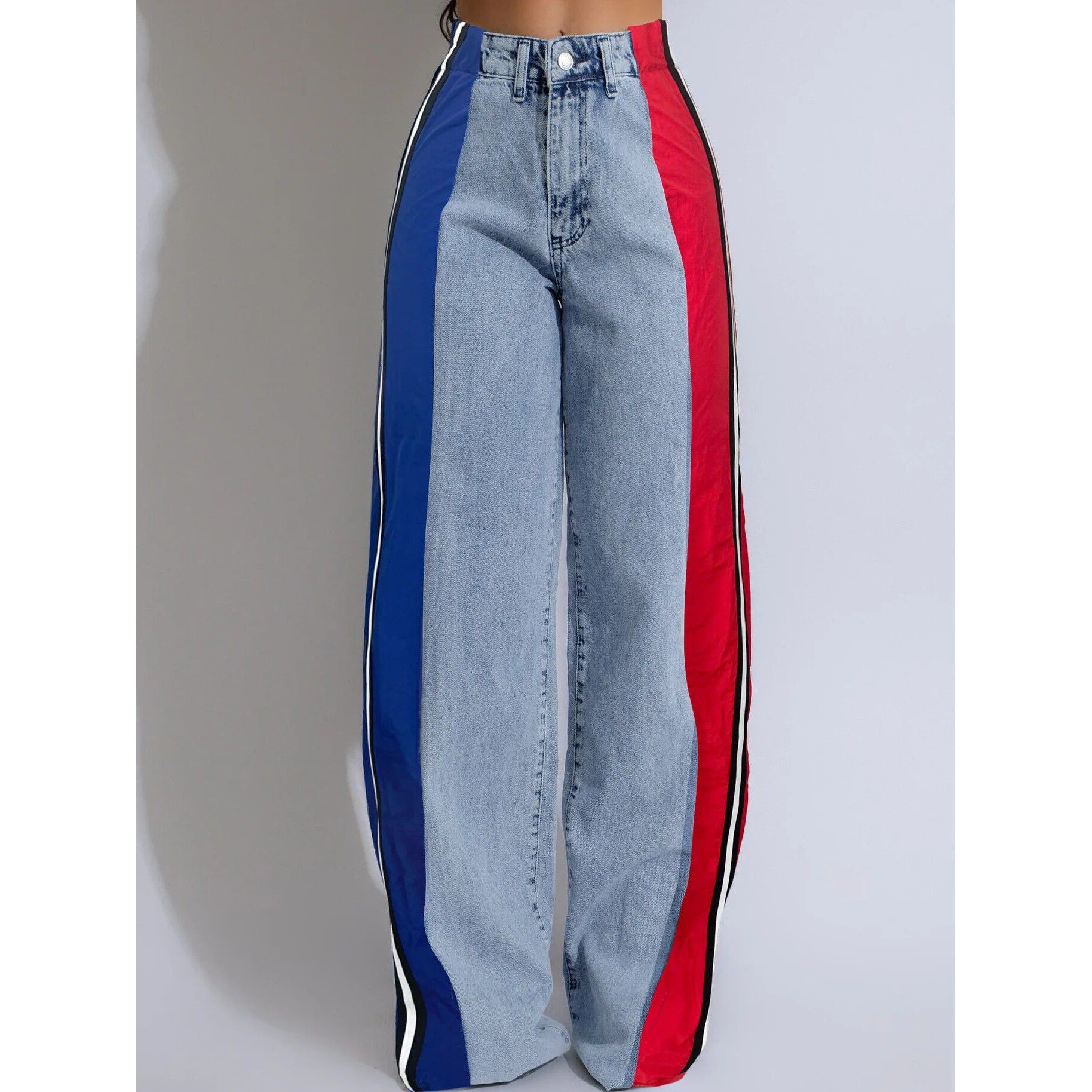 Denim Pants Women Patchwork Spliced Long Pant Mom Straight B