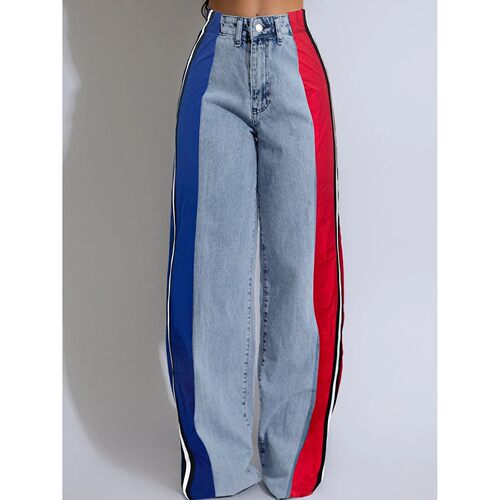 Denim Pants Women Patchwork Spliced Long Pant Mom Straight B