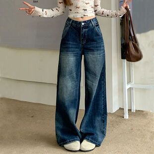 2025 Autumn Women's Y2K Jeans Dongdaemun Navy Back Whisker J