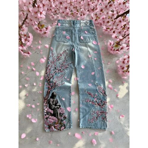 Vintage Cherry Blossom Black Knight Embroidery Jeans Y2k Ret