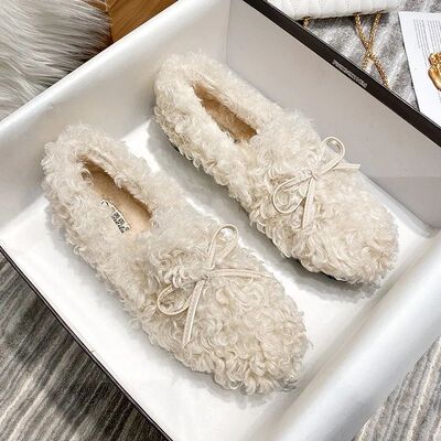 2025 Fuzzy Lambswool Moccasins Woman Bowtie Flats Winter Cot
