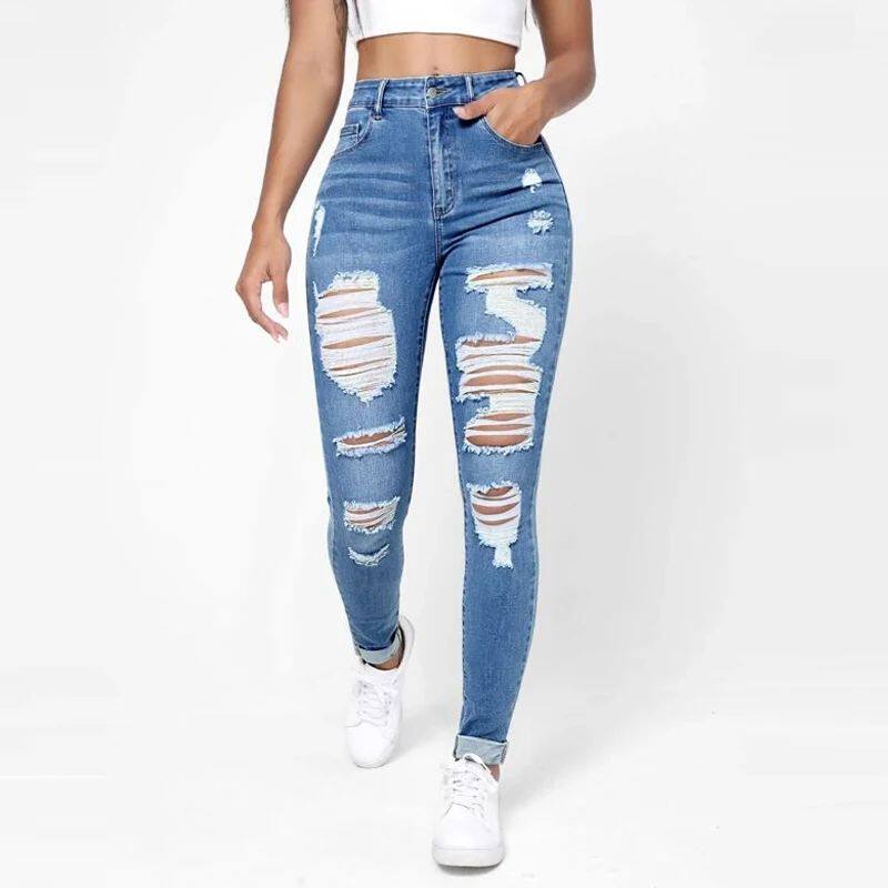 Ripped Holes Casual Skinny Jeans Autumn, Slash Pockets Distr