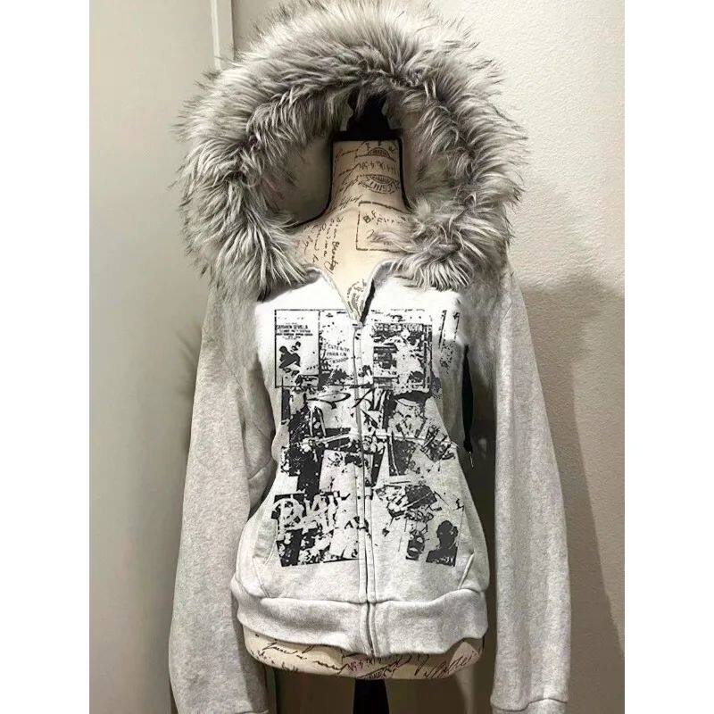 Grey Faux Fur Wool Double Zipper Jacket Hoodies Women's Slim