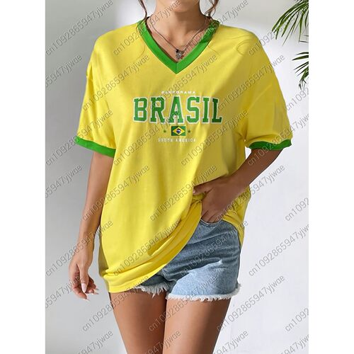 2025 Summer Women V Neck T Shirt Brazil Print Lightweight Br