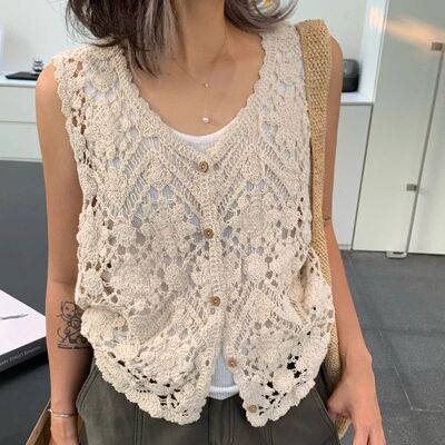 Embroidered Floral Crochet Vest for Women Hollow-out Open Kn