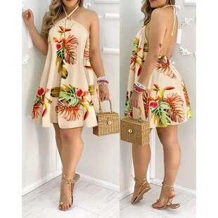 Neck Dress Vacation Tropical Backless Halter Style Print