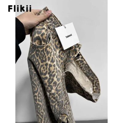 American Retro Leopard High Waist Baggy Jeans Women's Casual