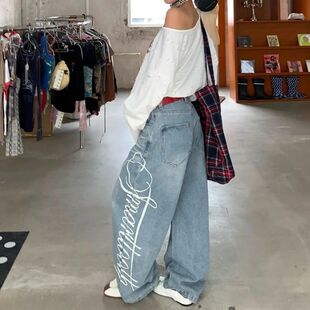 Women Blue Y2k Baggy Boyfriend Jeans Harajuku Vintage Wide L