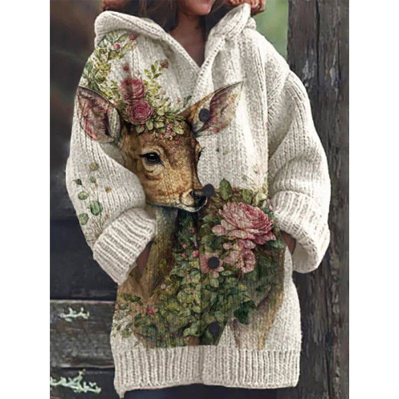 3D Print Hooded Cape Sweater, Retro Oversized Cardigan Coat