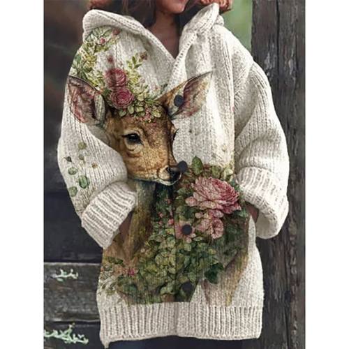 3D Print Hooded Cape Sweater, Retro Oversized Cardigan Coat