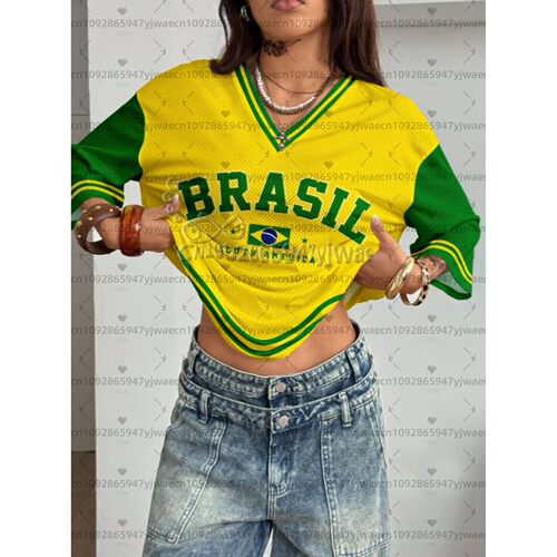 26 Summer Vintage Brazil Print Women V-Neck T Shirt Patchwor