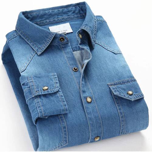 Fashion Men Denim Shirt Thin Long Sleeve Soft Cotton Double
