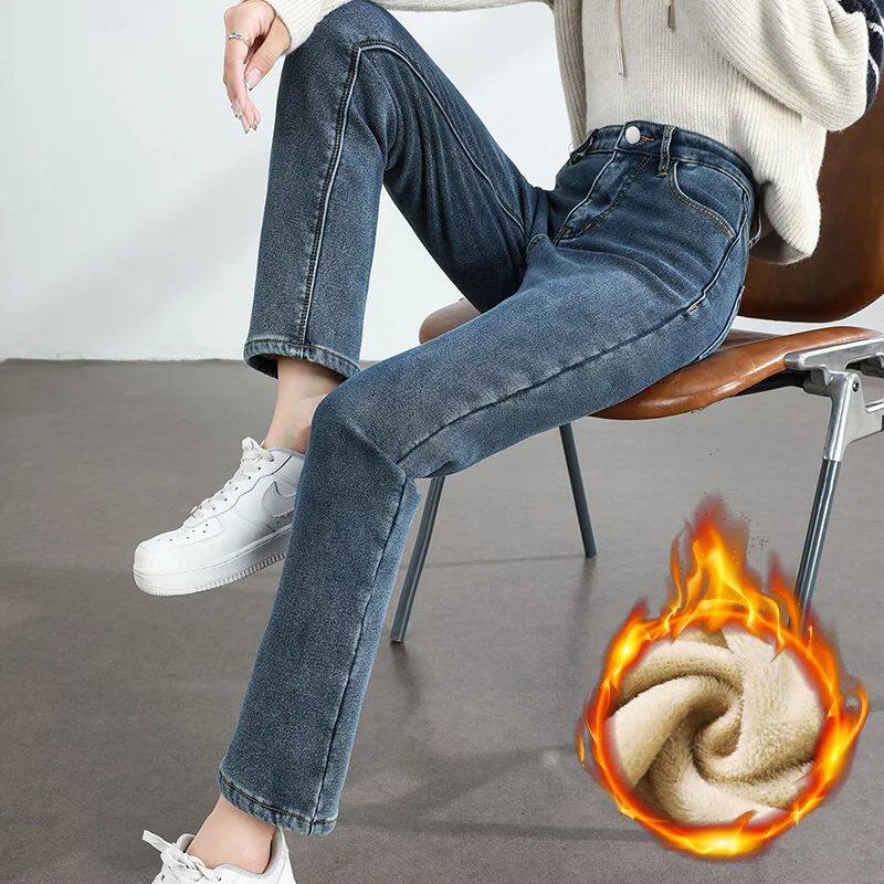 Women's Winter Fleece Warm Jeans Retro Slim Straight Elastic