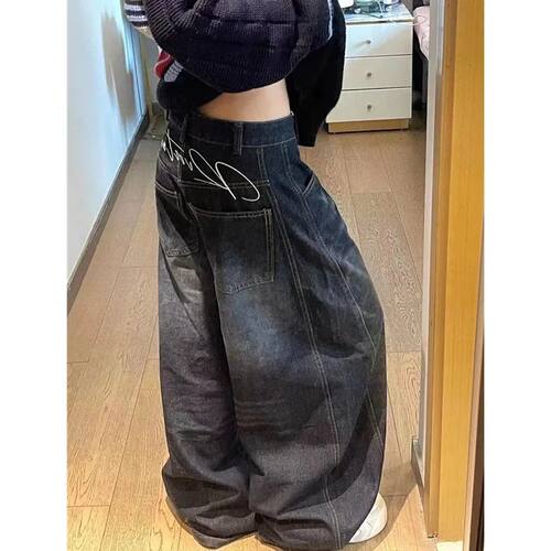 Black Womens Jeans High Waist Vintage Design Hip Hop Straigh