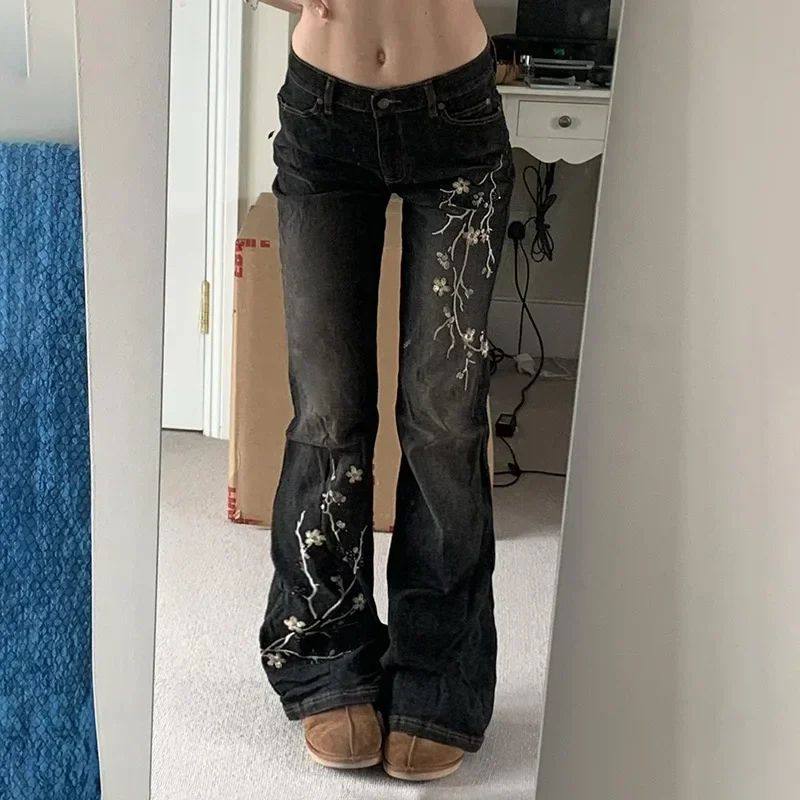 Floral Embroidery Jeans Vintage 2000s Low Rise Flared Jeans
