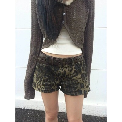 HOUZHOU Sexy Leopard Printed Denim Shorts Women Vintage Y2k