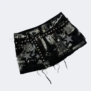 Y2K New Gothic Retro Black Denim Skirt Harajuku Star Graphic