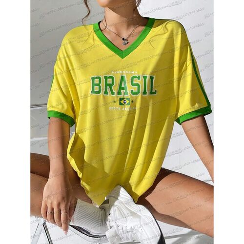 Summer Women'S Bright Yellow Football Jersey T-Shirt With Br