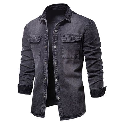 AIOPESON 100% Cotton Denim Shirts Men Casual Solid Color Thi