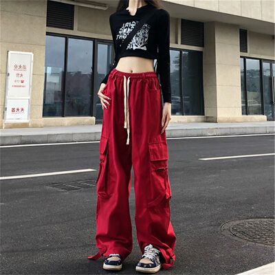 Red Cargo Pants Women Gothic Joggers High Waist Loose Female