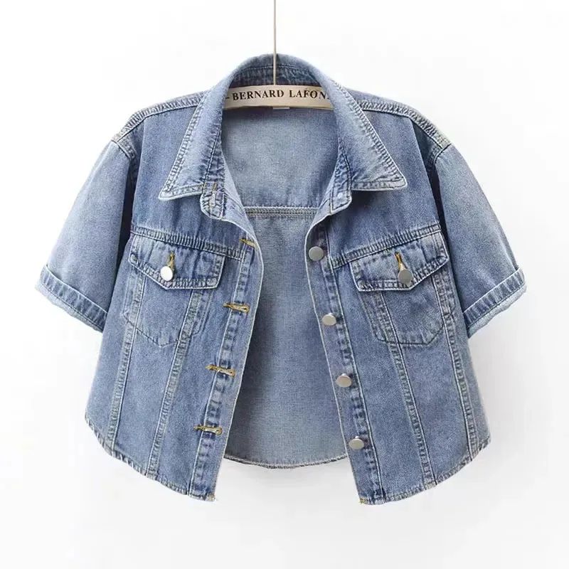 Vintage Cropped Denim Jacket Women Summer Loose Single Breas