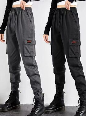Black Cargo Pants Women Couple Hip Hop Jogger High Waist  Fe