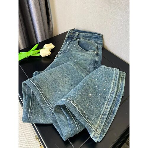 Retro Washed Diamond-encrusted Jeans Women's Spring Design S