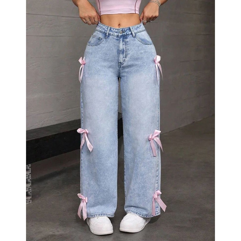 Women Jeans Wide Leg Pants Bow Washed High Waist 2025 Street图片