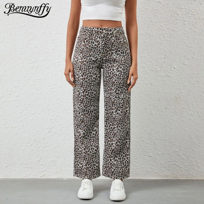 Benuynffy Leopard Print Baggy Straight Leg Jeans Women's Spr