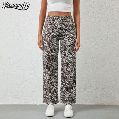 Benuynffy Leopard Print Baggy Straight Leg Jeans Women's Spr