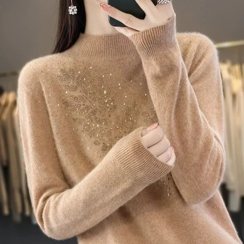 Women Sweaters Thick Warm Autumn Winter Mock Neck Fashion Pu