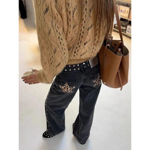 HOUZHOU Y2k Black Vintage Leopard Star Patchwork Women Jeans