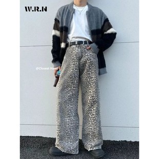 Vintage Leopard Jeans Str Thin American Washed Women Print