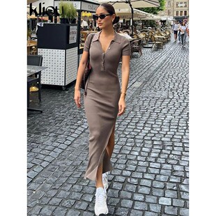 Lady Maxi Fashion Elegant Tur Solid Office Women Kliou Dress