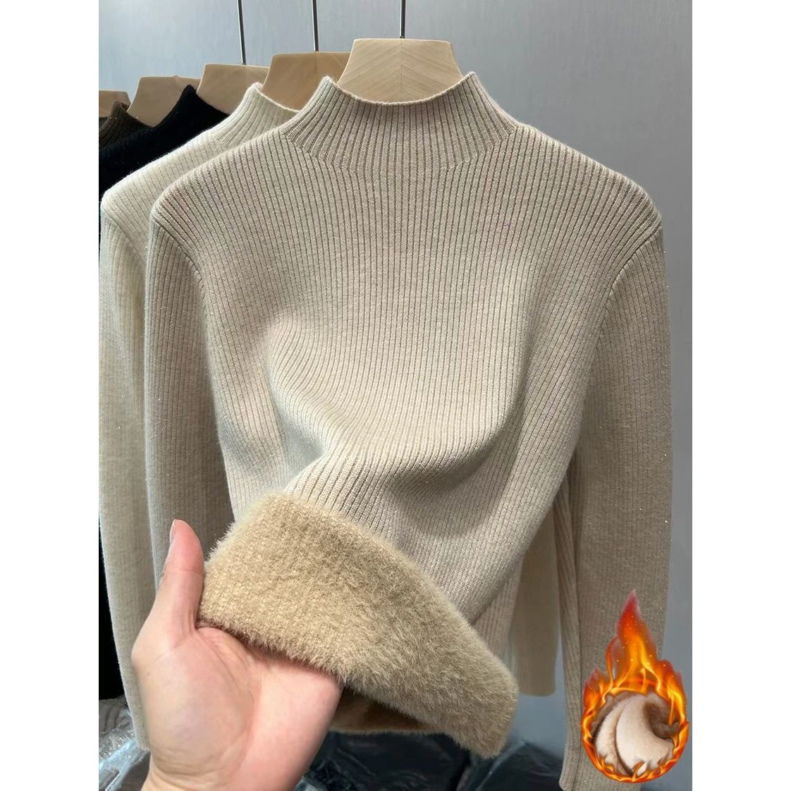 Turtleneck Winter Sweater Women Elegant Thicken Velvet Lined